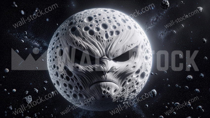 An angry moon with a human-like face floats in space among asteroids