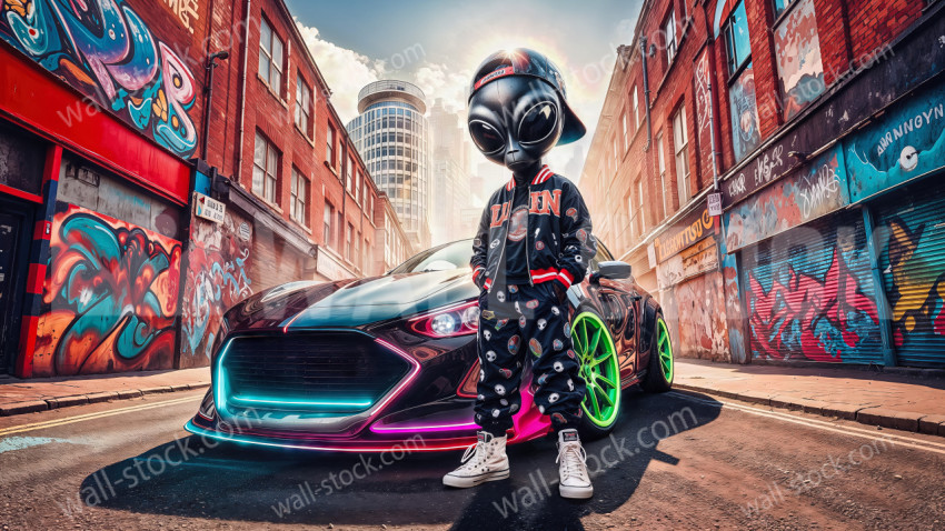 An alien wearing a baseball cap and jacket poses next to a custom sports car on a street with graffiti