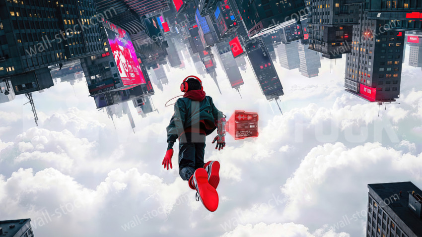 A person wearing headphones floats between two cities facing each other in the sky