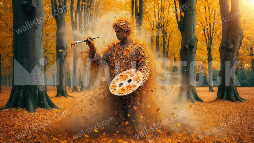 A man formed from leaves and wood uses a palette to paint autumn in a forest