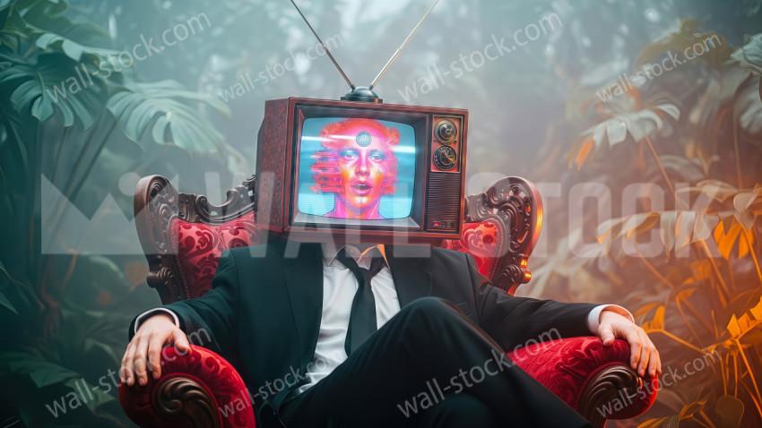 Person in Suit Sitting on Red Armchair With Television Head Showing Neon Face