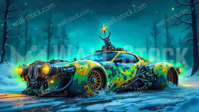 Cyberpunk Sports Car in Snowy Forest with Star Figure