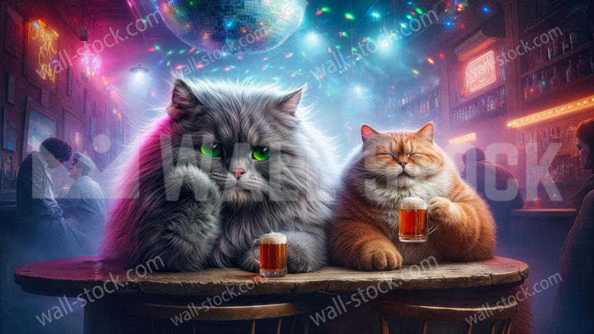 Two fluffy cats having beer together at a crowded nightclub table under colorful party lights