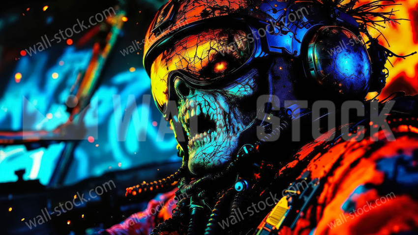 A scary zombie pilot wearing a military helmet and goggles inside a dark cockpit with bright neon graffiti background
