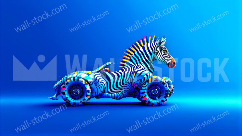 A custom racing car shaped like a colorful zebra standing against a solid blue backdrop