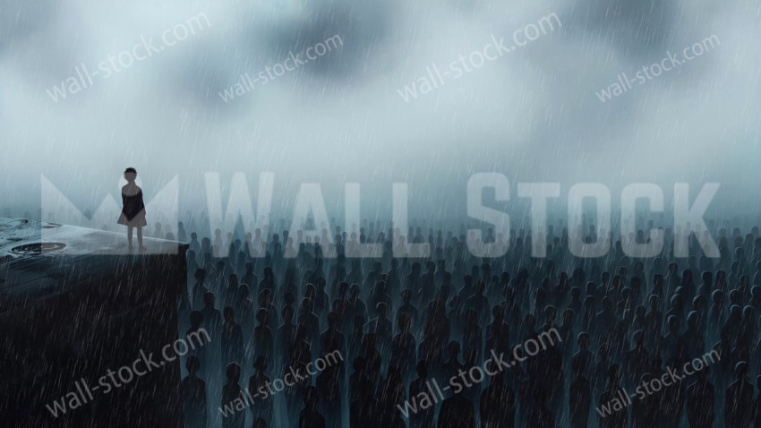 A lonely person standing on a ledge looking out over a massive crowd under heavy rain
