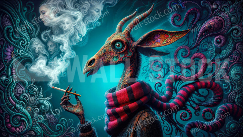 A stylized patterned gazelle in a striped scarf smoking a cigarette amidst surreal swirls and ghostly smoke faces
