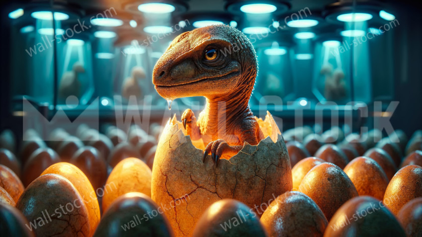 A small dinosaur baby hatching from an egg inside a futuristic laboratory filled with incubator capsules