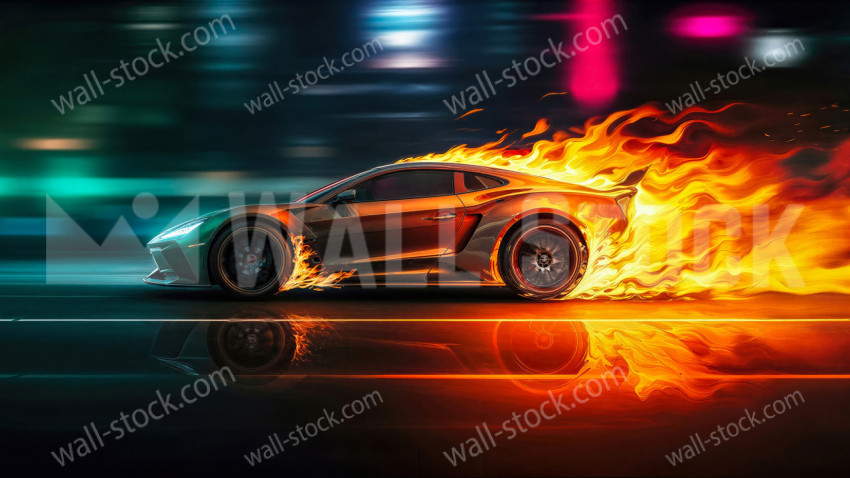 A fast sports car driving at night with bright orange flames coming out from the back