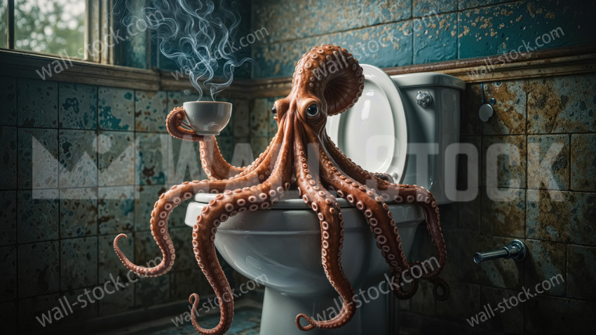 Octopus Having Coffee on the Toilet