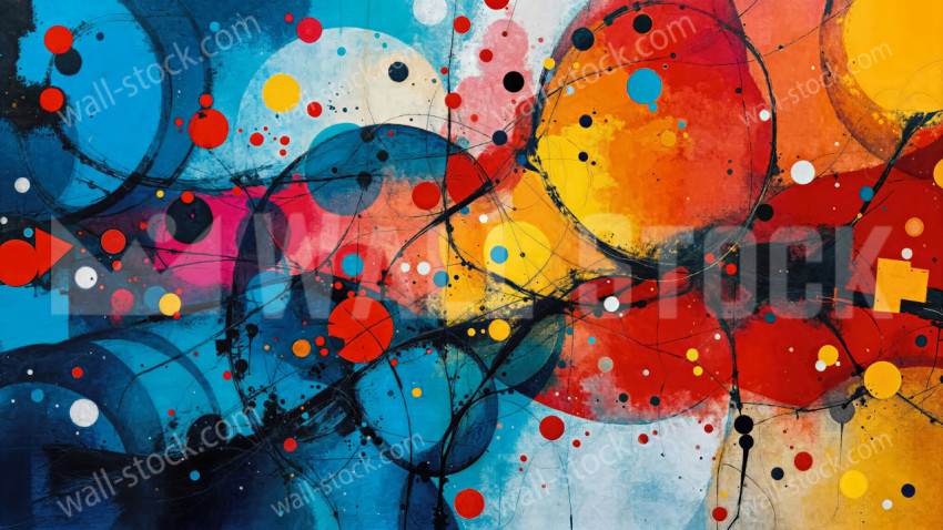Colorful circles and black lines mixed together in a messy pattern