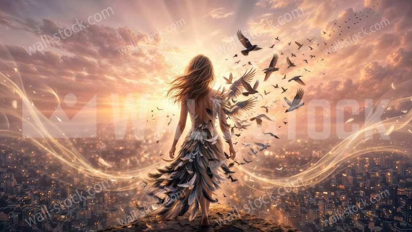 Woman in a feather dress walking toward the city at sunset