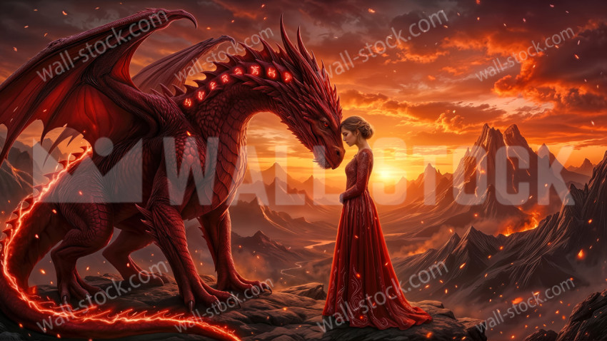 Woman in a red dress leaning her head against a huge red dragon