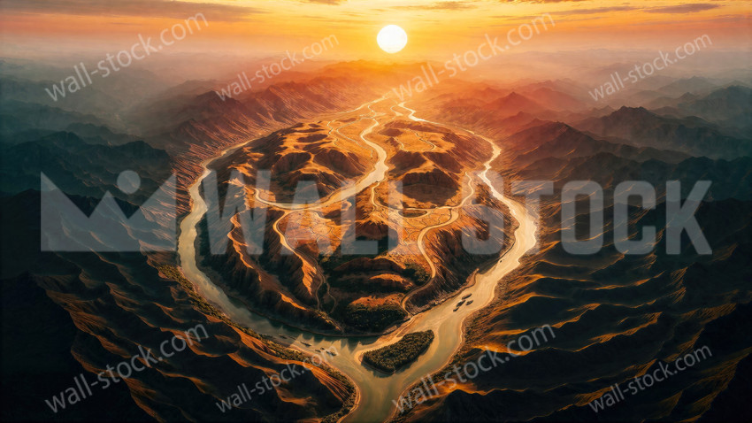 River curving around a giant face of nature formed by mountains