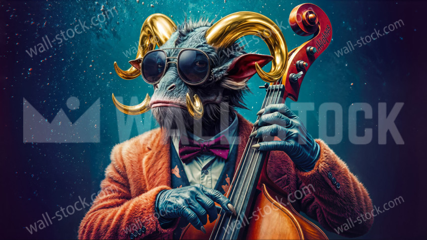 Creature with golden horns playing a double bass