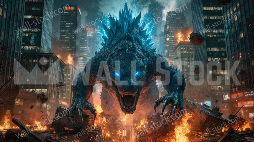 Giant reptile monster with glowing blue spikes destroying a city