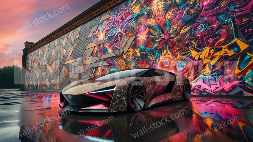 Futuristic sports car parked in front of a colorful graffiti wall
