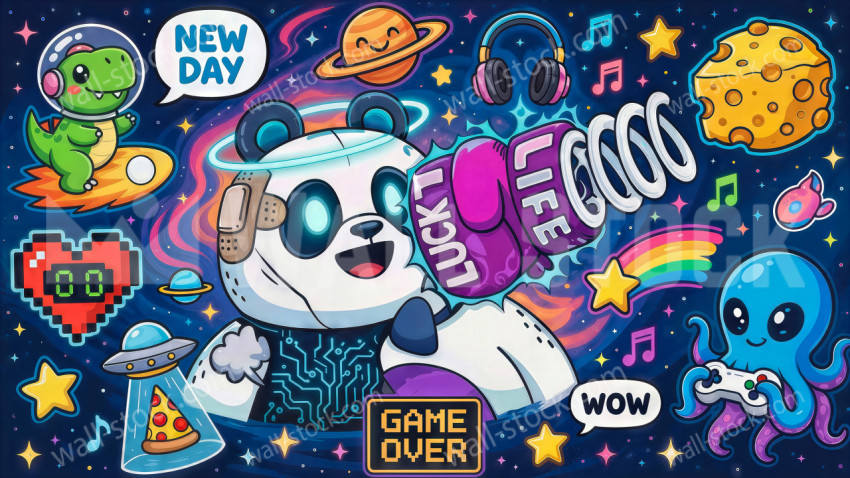 Gaming panda and space icons sticker set