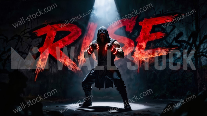 Hooded fighter standing under a spotlight with large red rise text behind him