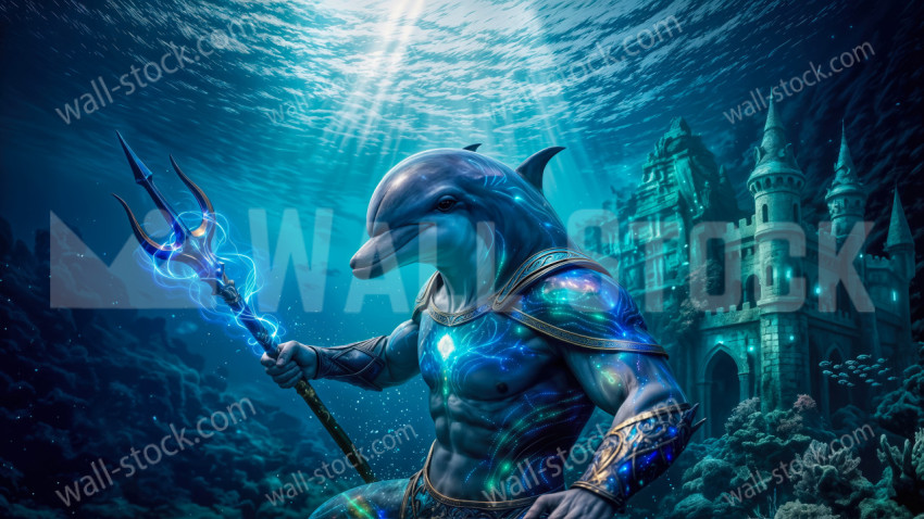Armored dolphin warrior holding a glowing trident underwater