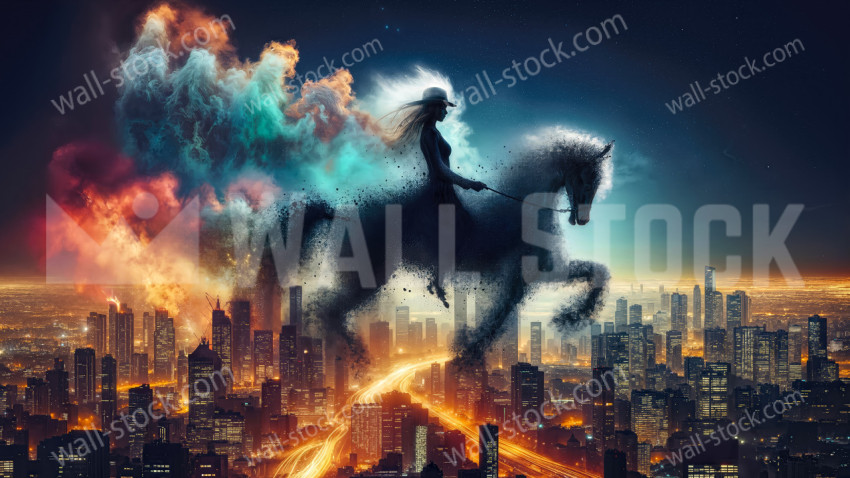 Mystic rider on a shadow horse above a city at night