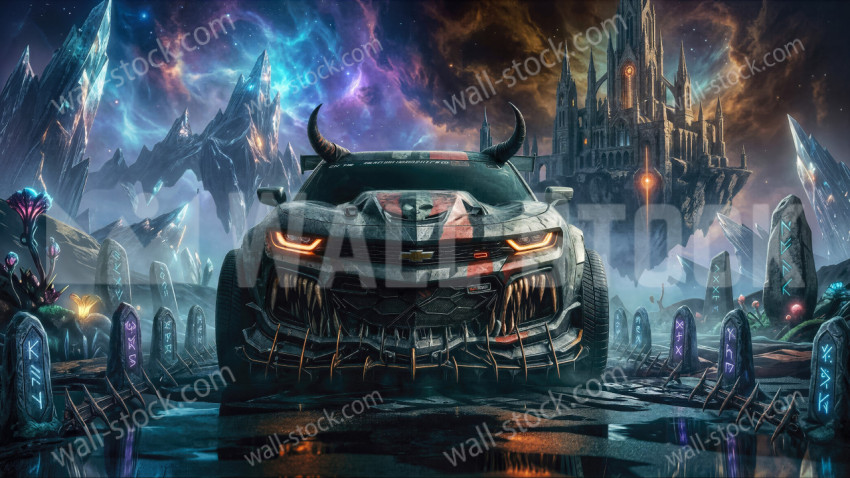 Fantasy Chevrolet Camaro with horned hood driving through an alien kingdom