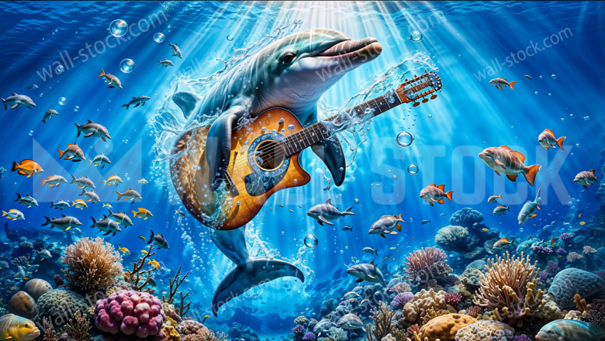 A musician dolphin plays the guitar underwater