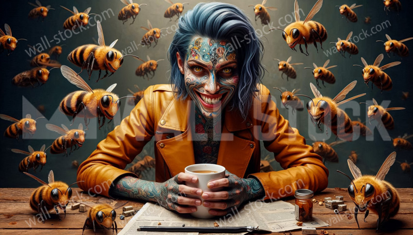 The bee princess sits at a table, calmly sipping coffee, while giant bees fly around them.